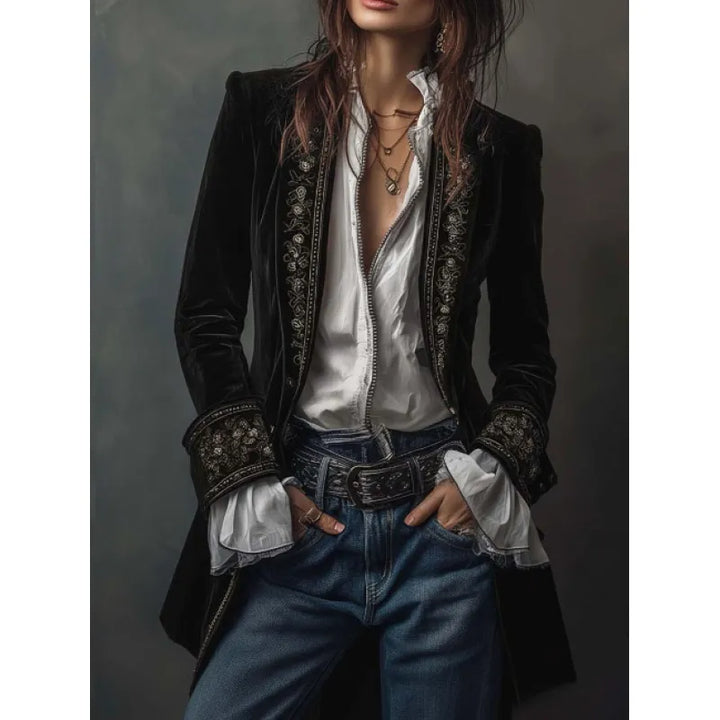 Women's Velvet-Texture Long Sleeve Coat – Lace Stitch Detail
