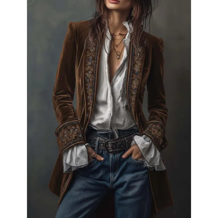 Women's Velvet-Texture Long Sleeve Coat – Lace Stitch Detail