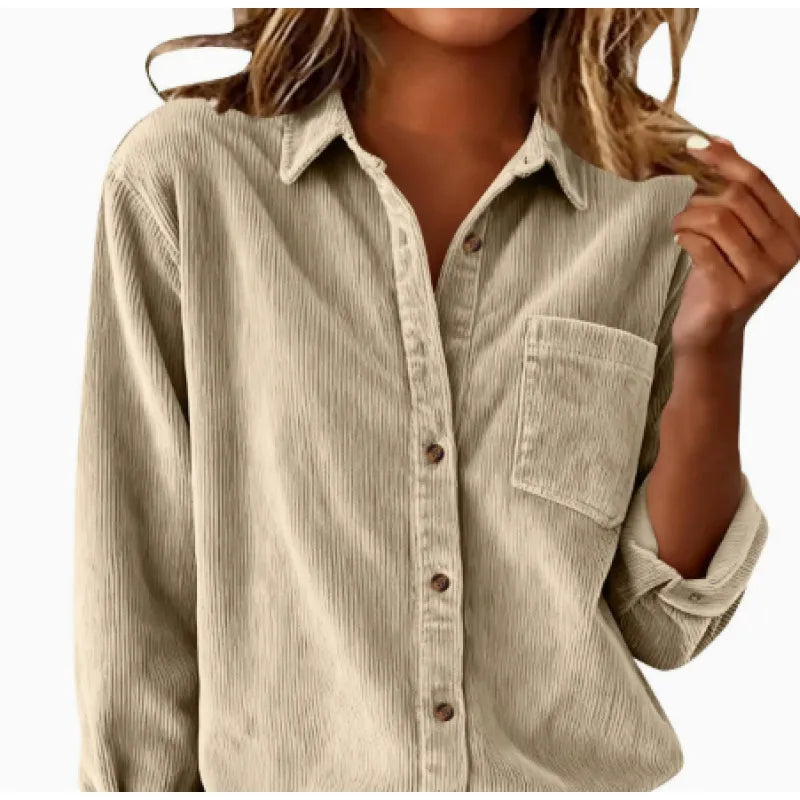 Women's Corduroy Loose Fit Shirt – Striped Collar & Pocket Detail