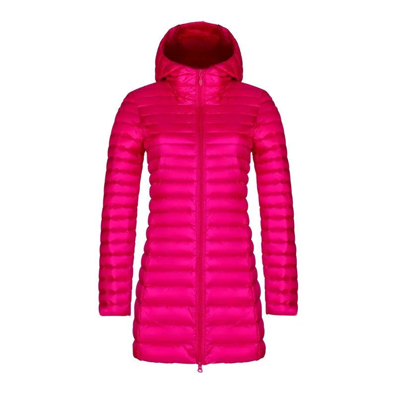 Women's Slim Down Jacket – Mid-Length Hooded Puffer Coat