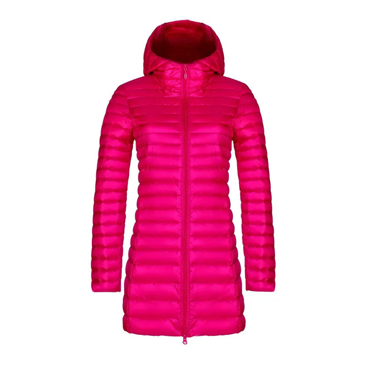 Women's Slim Down Jacket – Mid-Length Hooded Puffer Coat
