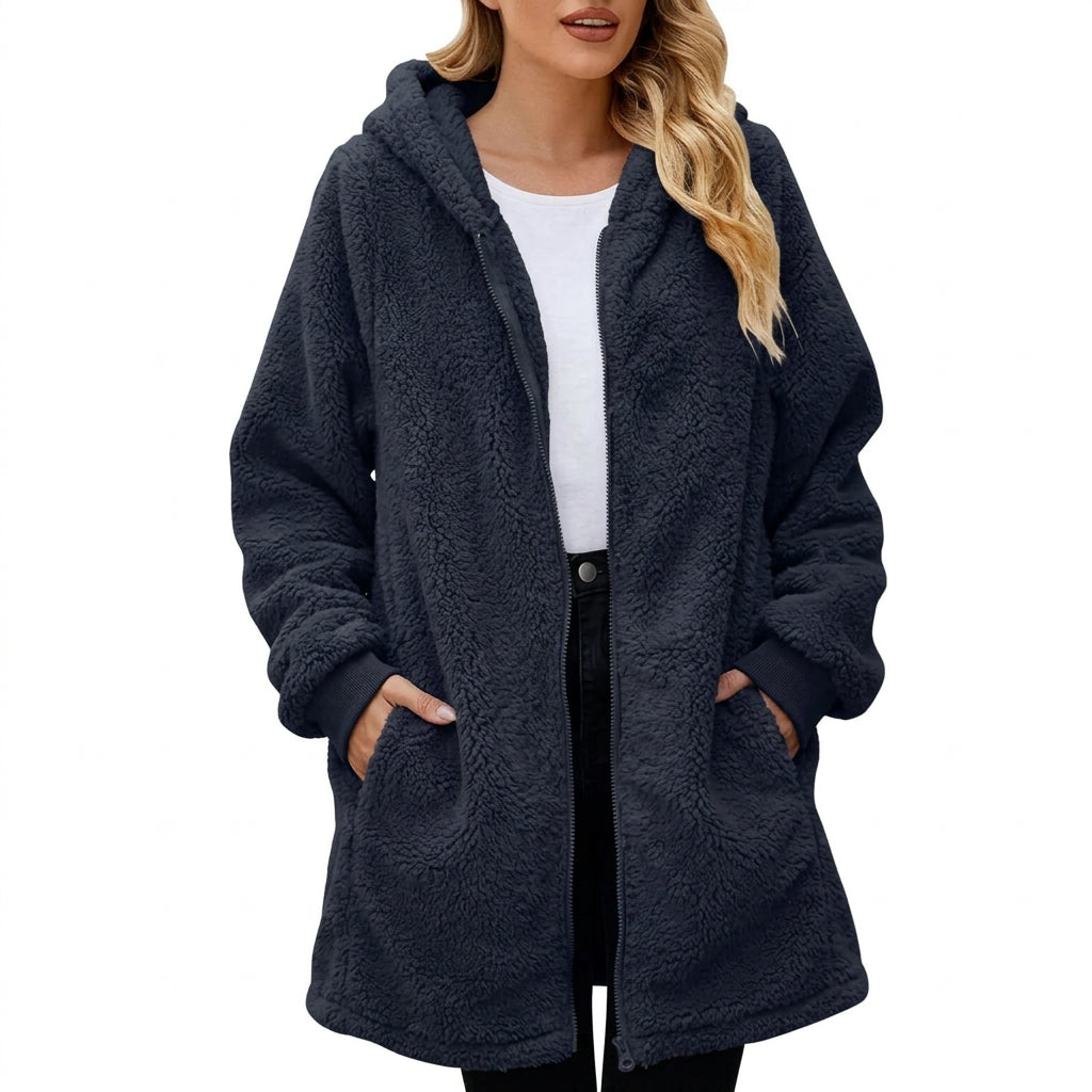 Women's Plush Hooded Zip Cardigan Coat – Soft Velvet-Look Layer