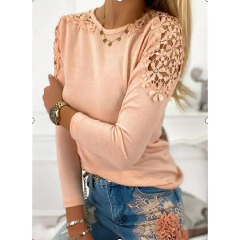 Women's Lace Panel Long Sleeve T-Shirt – Slim Sheer Cotton Blend