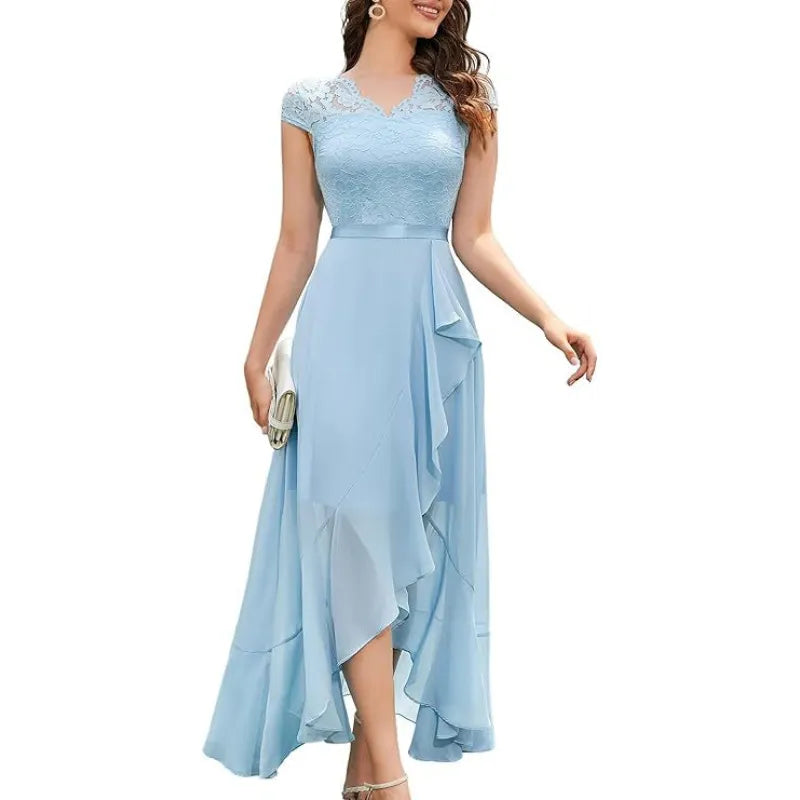 Lace Mesh Midi Dress for Women – High Waist A-Line Gown