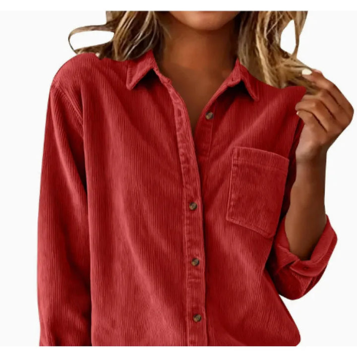 Women's Corduroy Loose Fit Shirt – Striped Collar & Pocket Detail