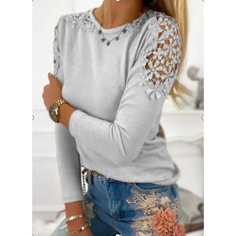Women's Lace Panel Long Sleeve T-Shirt – Slim Sheer Cotton Blend