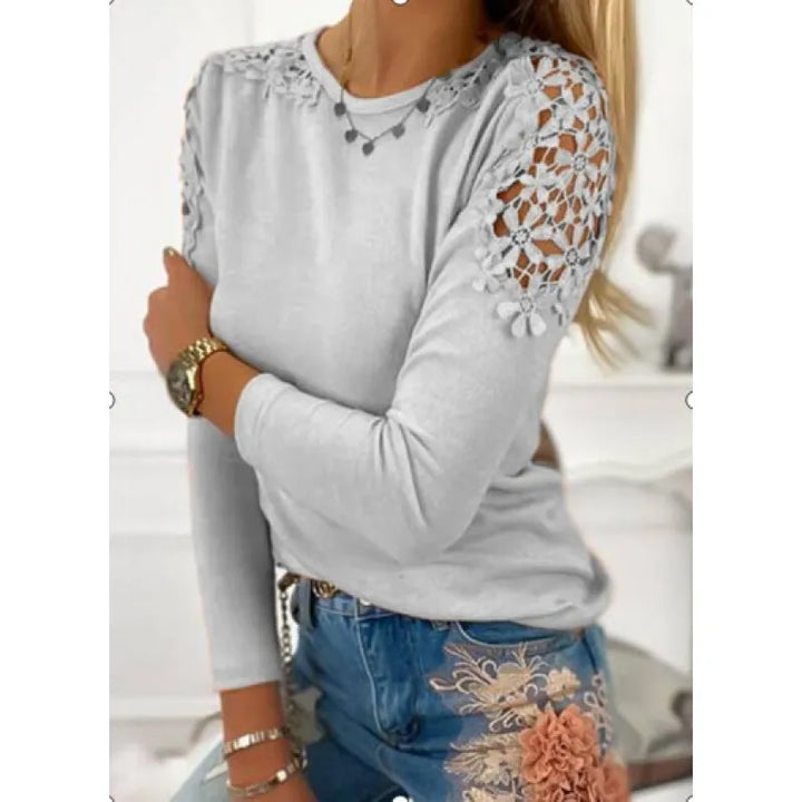 Women's Lace Panel Long Sleeve T-Shirt – Slim Sheer Cotton Blend