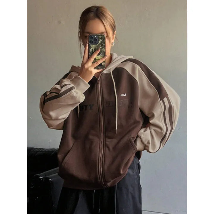 Women's Colorblock Sweatshirt – Cozy Fleece Hooded Retro Slim Fit