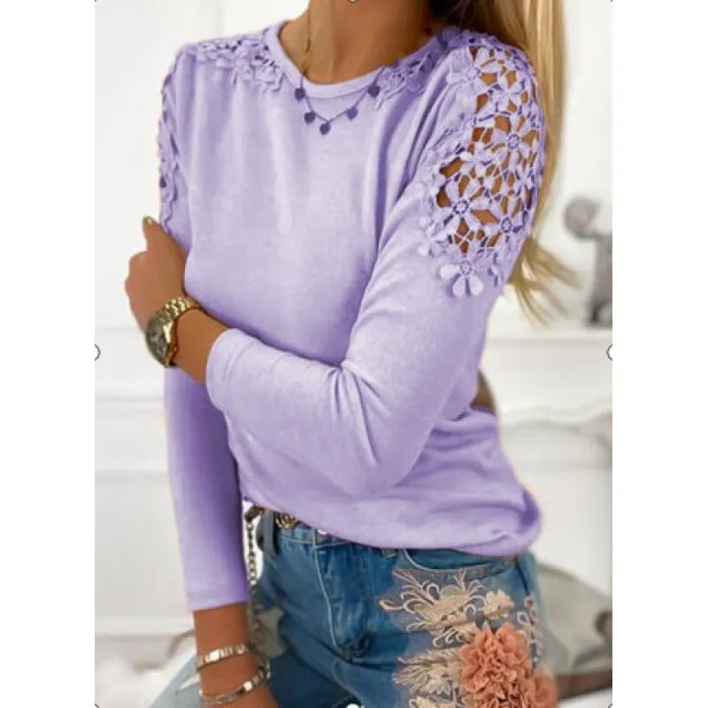 Women's Lace Panel Long Sleeve T-Shirt – Slim Sheer Cotton Blend