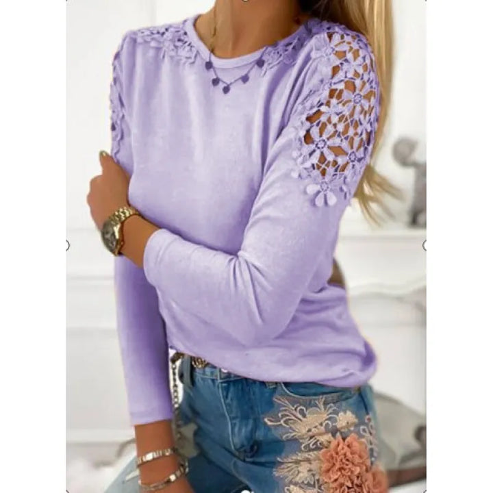 Women's Lace Panel Long Sleeve T-Shirt – Slim Sheer Cotton Blend
