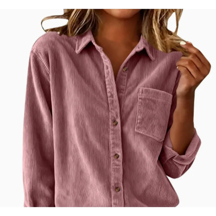 Women's Corduroy Loose Fit Shirt – Striped Collar & Pocket Detail