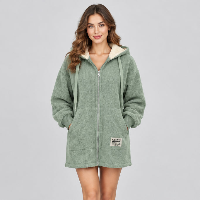 Women's Lambswool Coat – Fleece-Lined, Padded, Mid-Length Outerwear