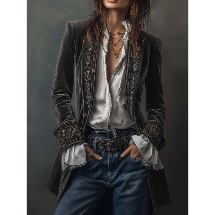Women's Velvet-Texture Long Sleeve Coat – Lace Stitch Detail