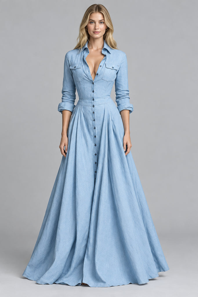 Women's Maxi Dress – Button-Down, Flared, Long Sleeve, High Waist Cotton