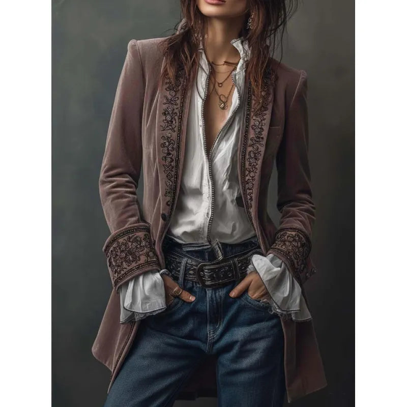 Women's Velvet-Texture Long Sleeve Coat – Lace Stitch Detail