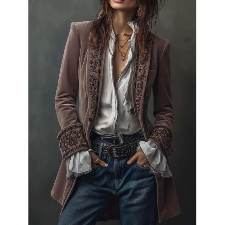 Women's Velvet-Texture Long Sleeve Coat – Lace Stitch Detail