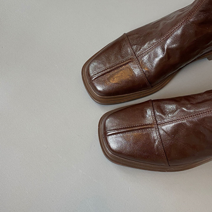 Women's Leather Boots – Square Toe, Patterned Rubber Sole
