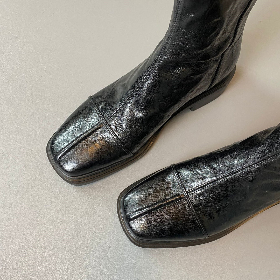 Women's Leather Boots – Square Toe, Patterned Rubber Sole