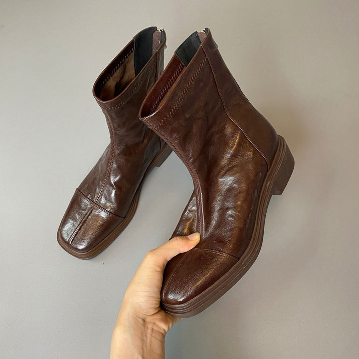 Women's Leather Boots – Square Toe, Patterned Rubber Sole