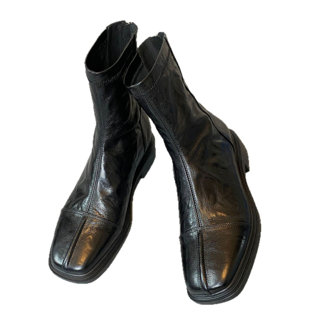 Women's Leather Boots – Square Toe, Patterned Rubber Sole