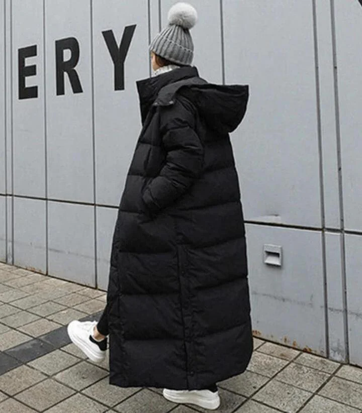 Women's Long Down Jacket – Attached Hood, Lightweight Fill