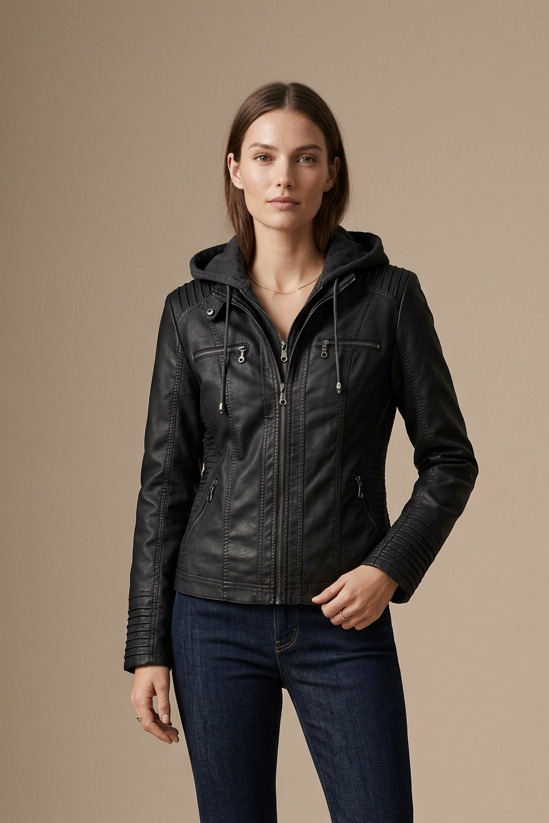 Women's Hooded Vegan Leather Jacket – Detachable Hood & Pockets