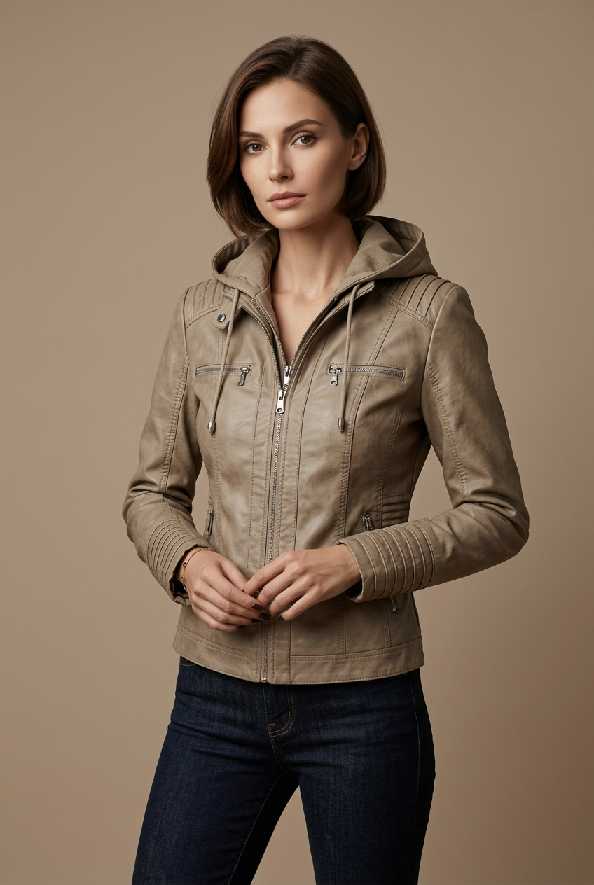 Women's Hooded Vegan Leather Jacket – Detachable Hood & Pockets