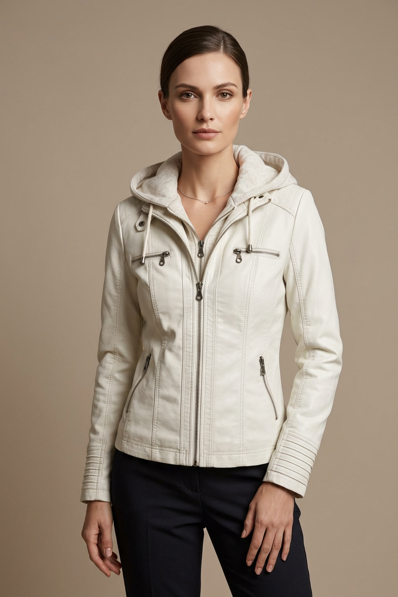 Women's Hooded Vegan Leather Jacket – Detachable Hood & Pockets