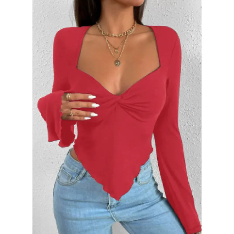 Women's Flared Sleeve V-Neck Top – Waist-Shaping Pullover Style