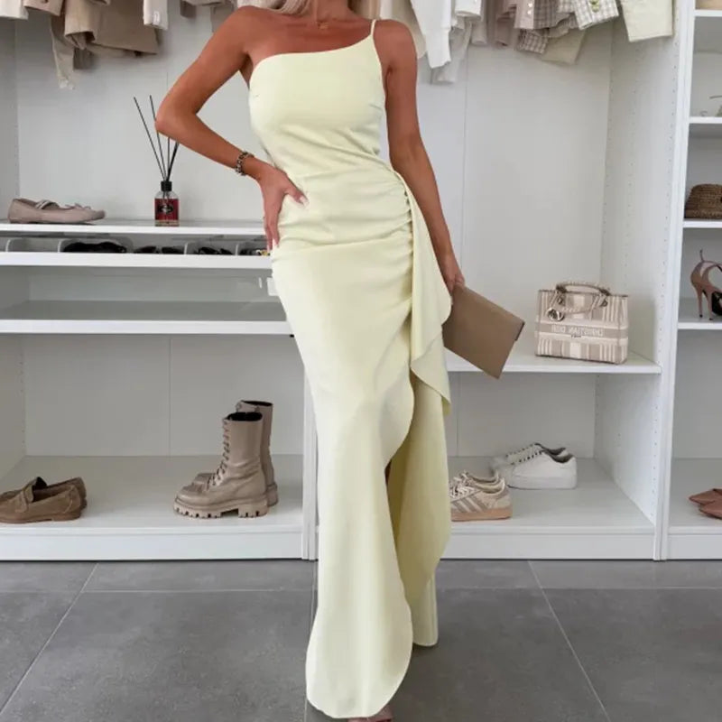 Women's One-Shoulder Maxi Dress – High Waist A-Line, Slit Detail