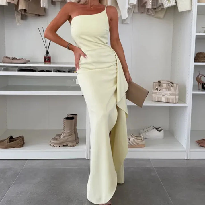Women's One-Shoulder Maxi Dress – High Waist A-Line, Slit Detail