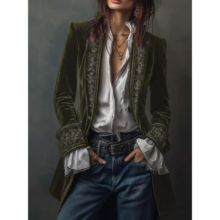 Women's Velvet-Texture Long Sleeve Coat – Lace Stitch Detail