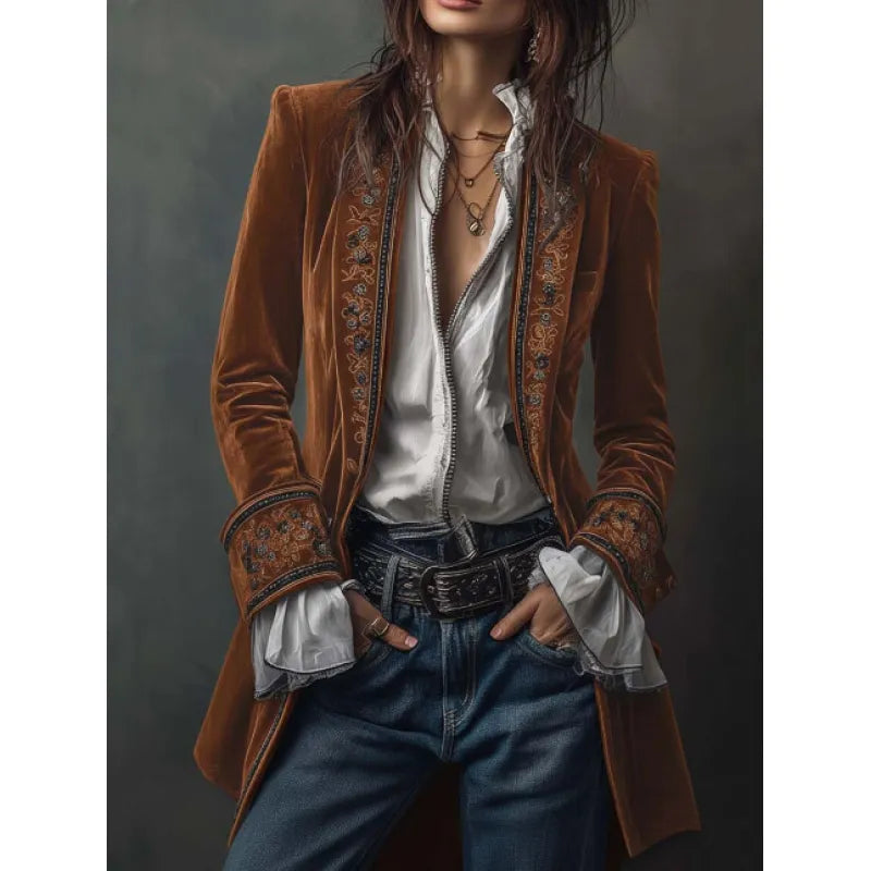 Women's Velvet-Texture Long Sleeve Coat – Lace Stitch Detail