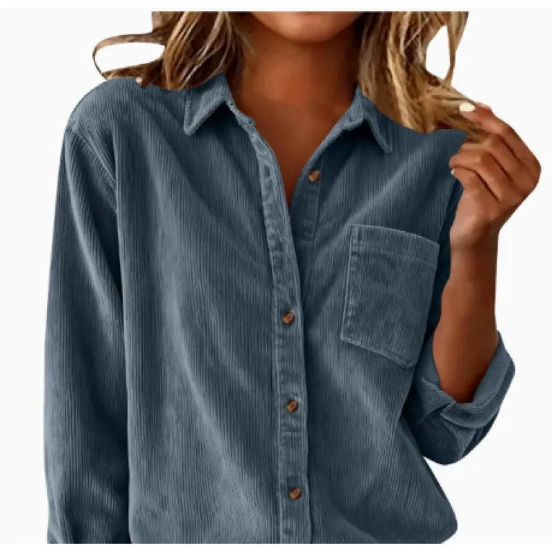 Women's Corduroy Loose Fit Shirt – Striped Collar & Pocket Detail