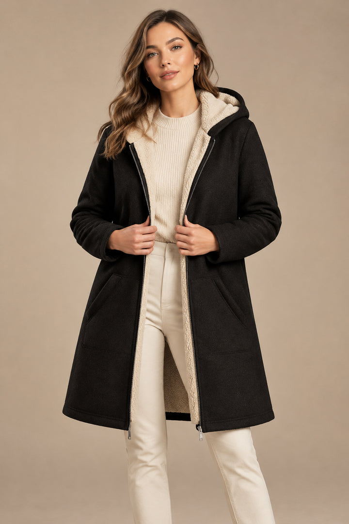 Women's Fleece Lined Mid Length Hooded Coat – Plush Layered Warmth