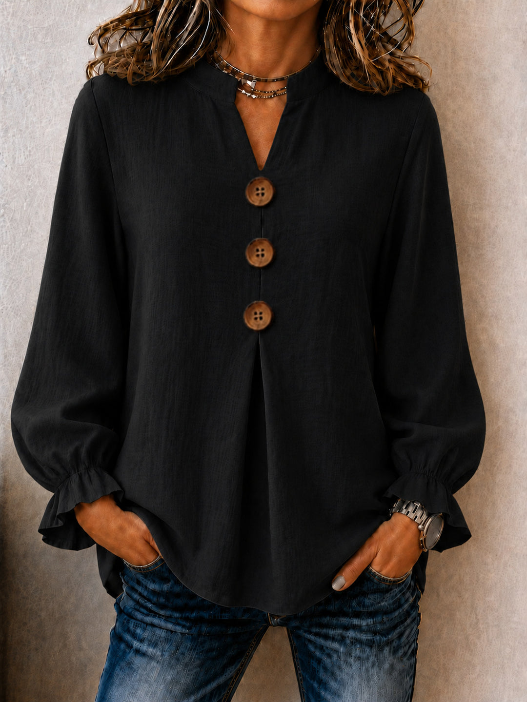 Women's Cotton Blend Ruffle Sleeve V-Neck Button-Up Top
