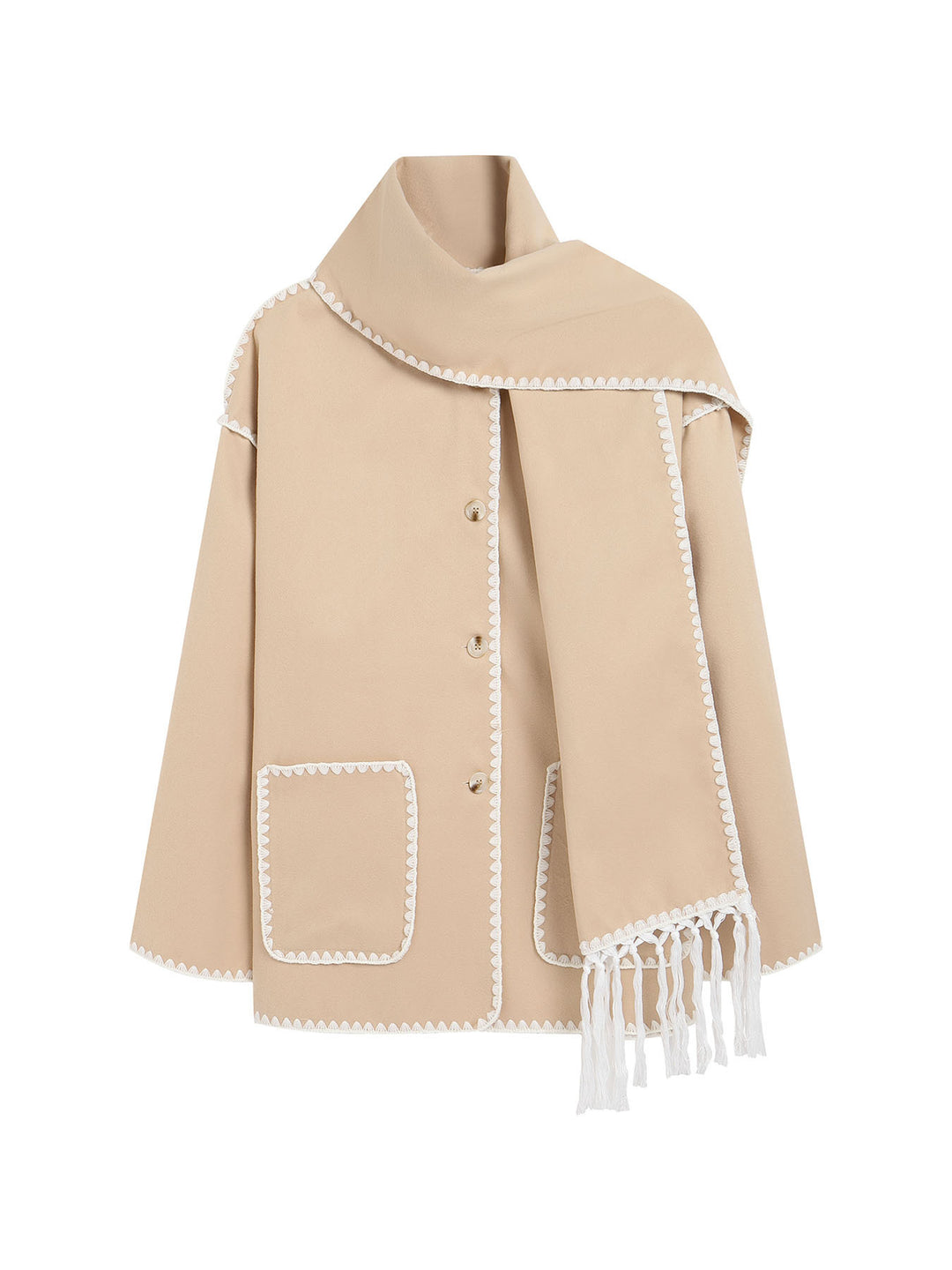 Women's Wool Coat with Attached Scarf – Thick Loose Fit