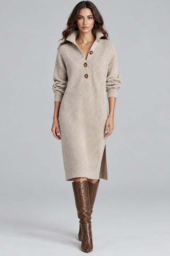 Women's Sweater Mini Dress – Stand Collar V-Neck Button Design