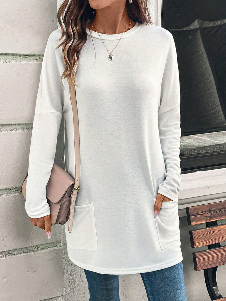 Women's Long Sleeve Cotton T-Shirt with Pocket – Relaxed Crew Neck