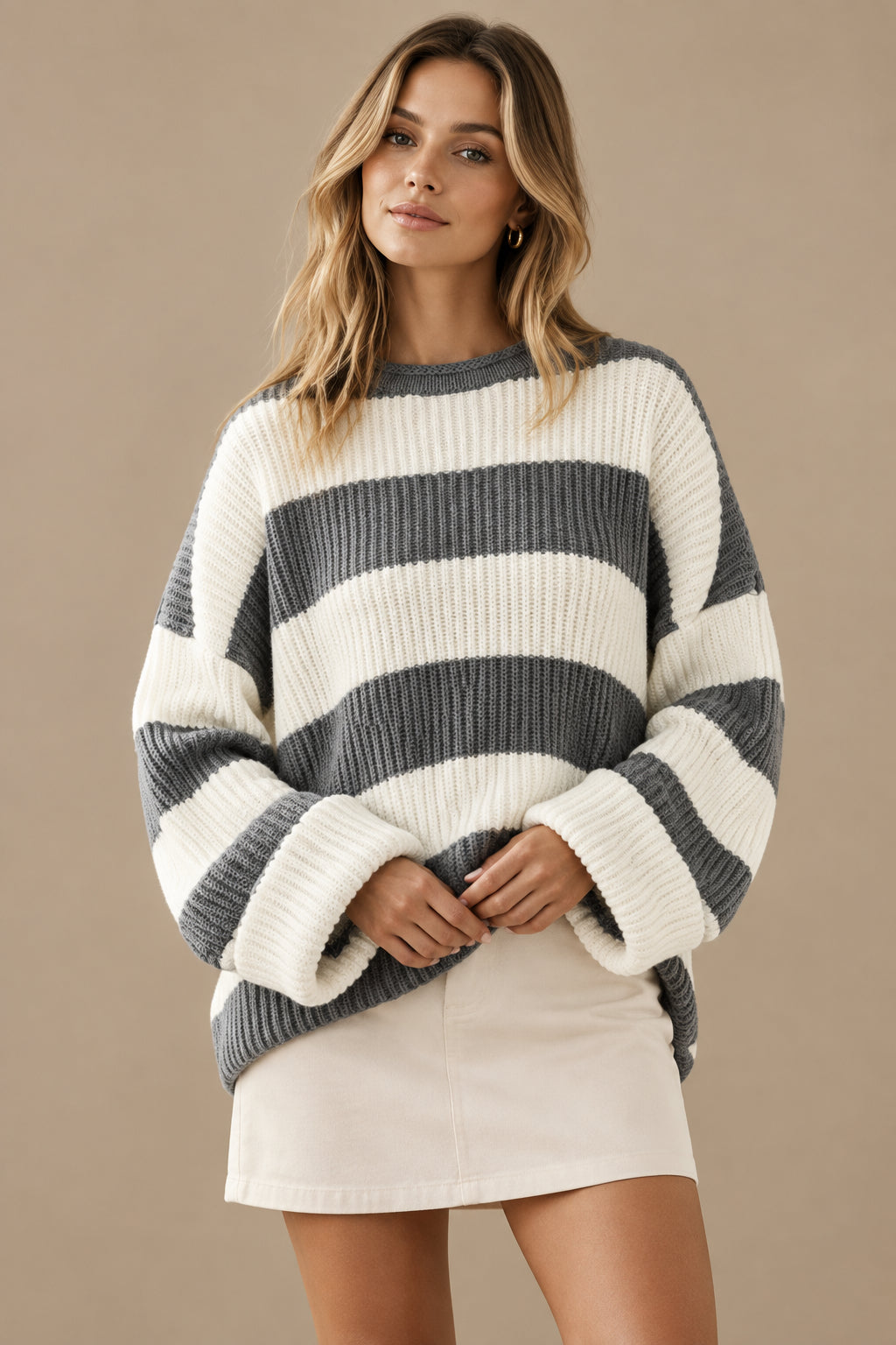 Women's Striped Knit Sweater – Soft Batwing Sleeve Pullover