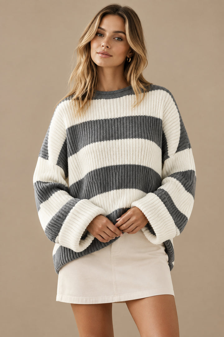 Women's Striped Knit Sweater – Soft Batwing Sleeve Pullover