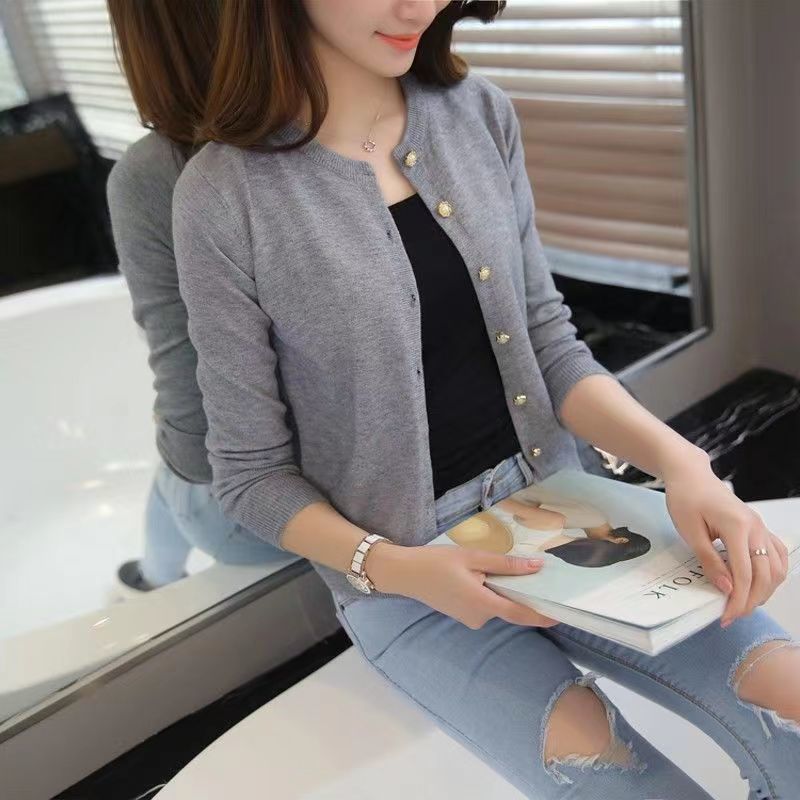 Women's Cotton Knit Cardigan, Straight Fit, Round Neck Single Layer