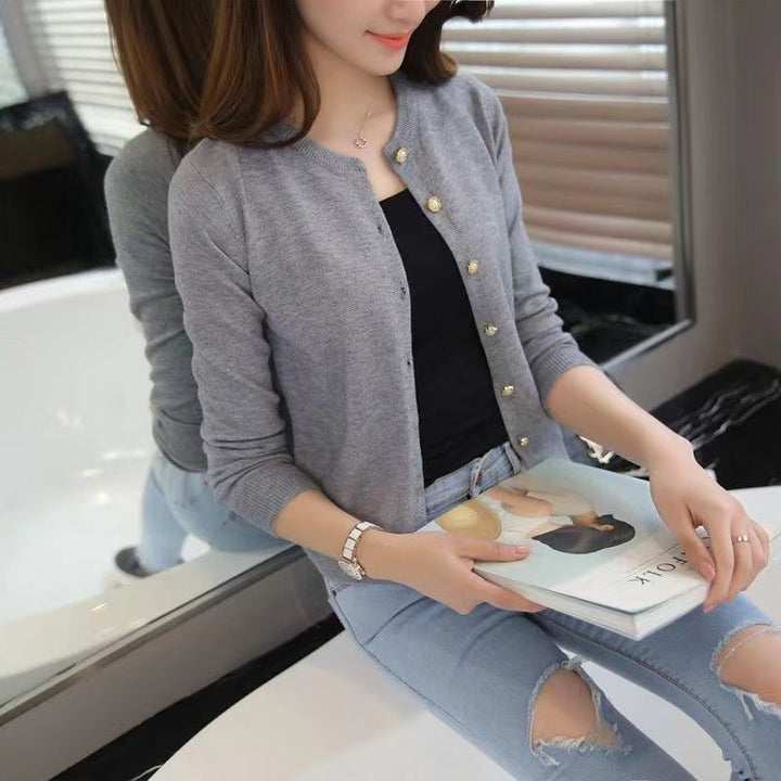 Women's Cotton Knit Cardigan, Straight Fit, Round Neck Single Layer