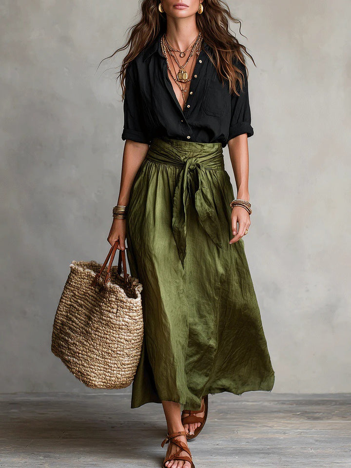 Women's Two Piece Set – Cotton Short-Sleeve Shirt & Straight Skirt
