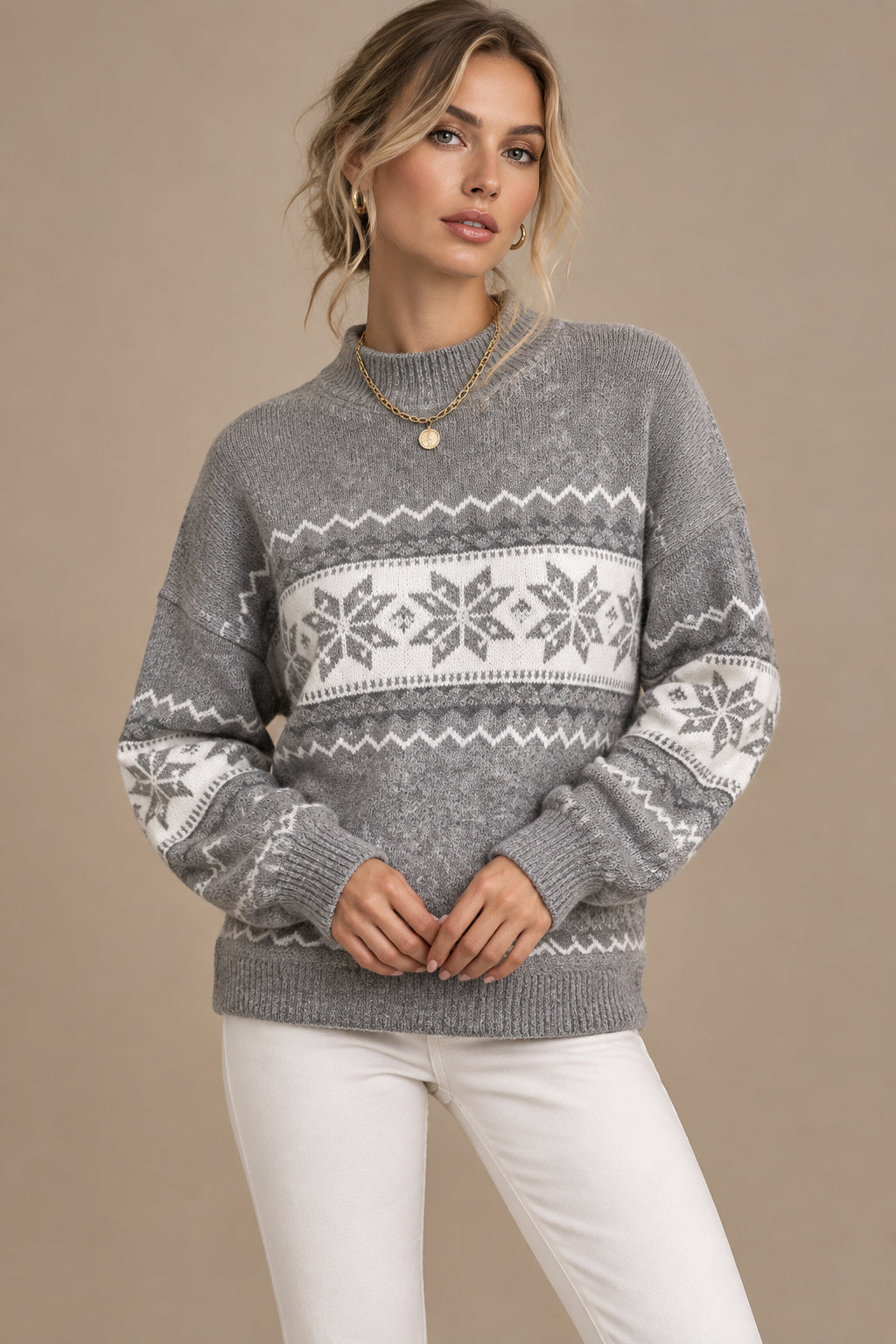 Women's Snowflake Sweater – Knitted Thick Ribbed Half Turtleneck