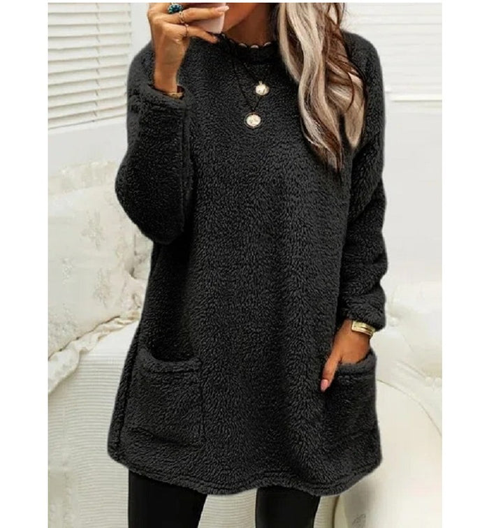 Fleece Pullover Sweater – Women's Longline Plush Top with Pockets