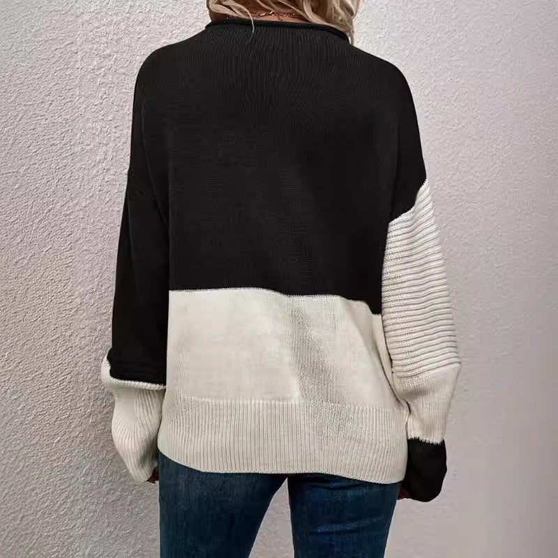 Women's Sweater – Contrast Stitch Pullover, Relaxed Knit Drape