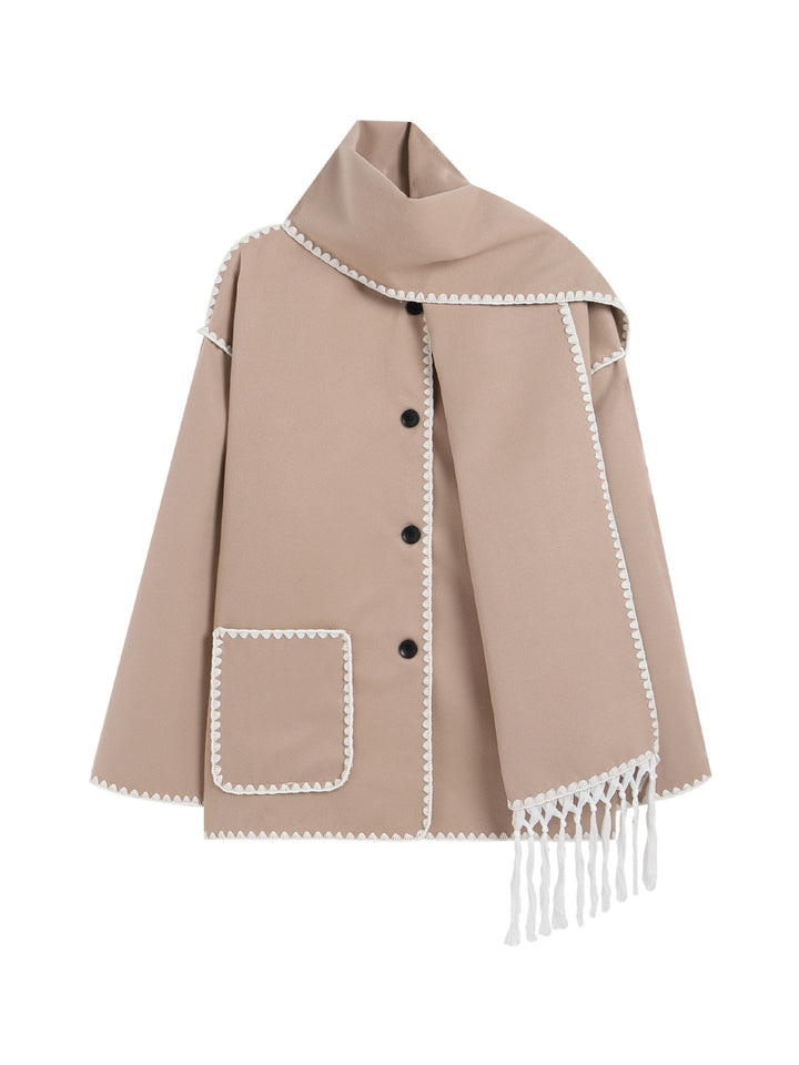 Women's Wool Coat with Attached Scarf – Thick Loose Fit