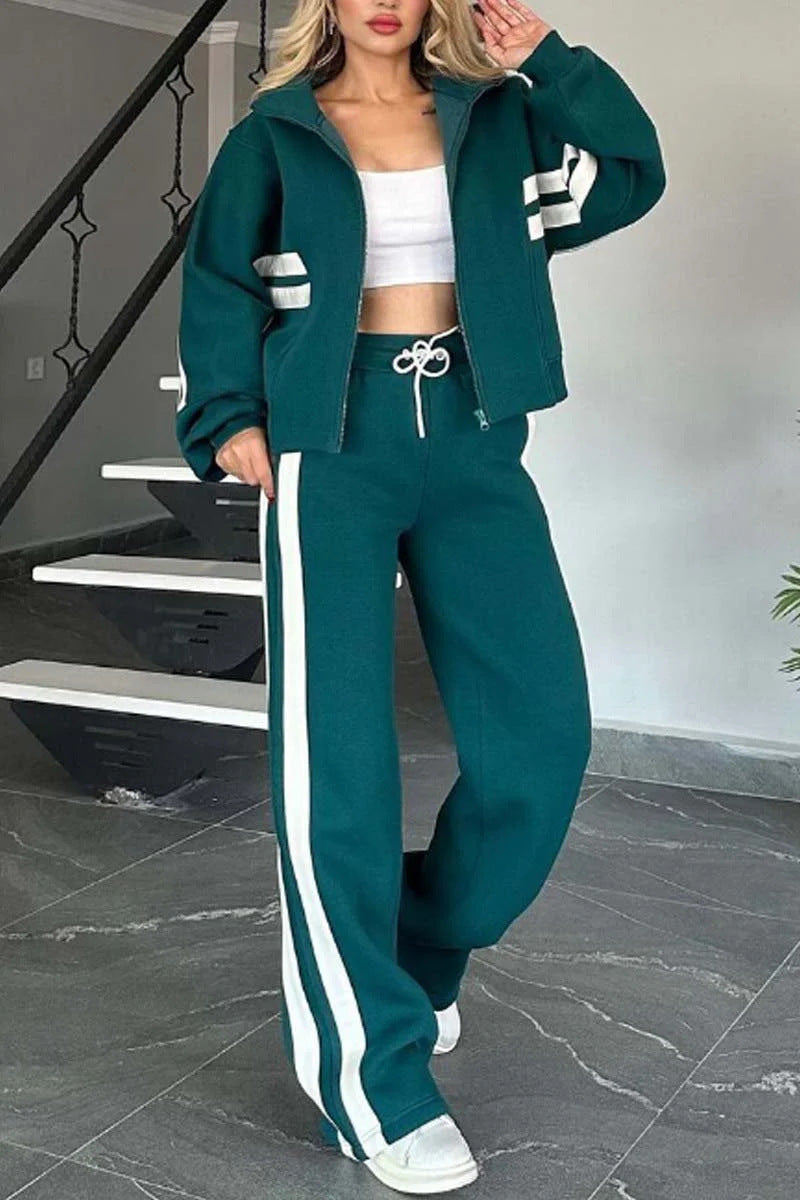 Women's Striped Two Piece Set – Relaxed Fit Sports Shirt and Pants
