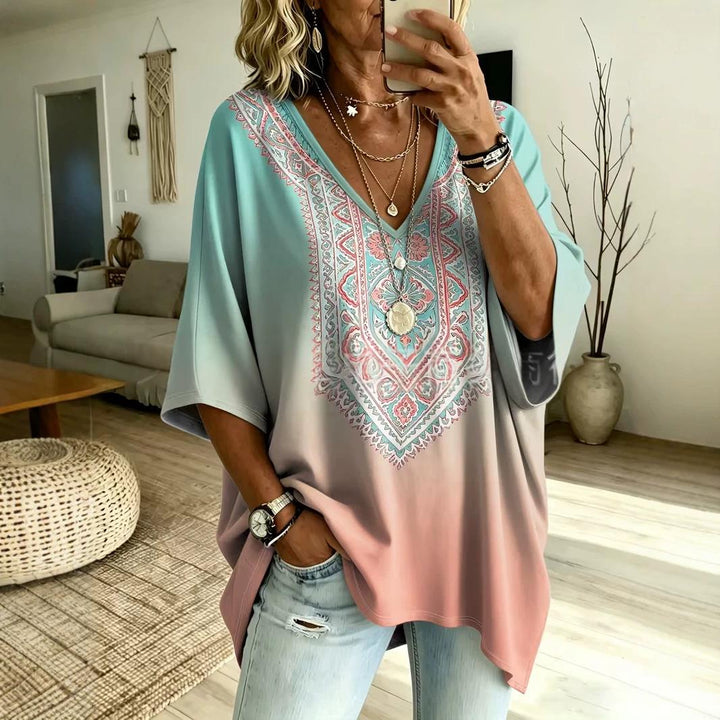Women's Plus T-Shirt – V-Neck Batwing Sleeve, Retro Floral Print